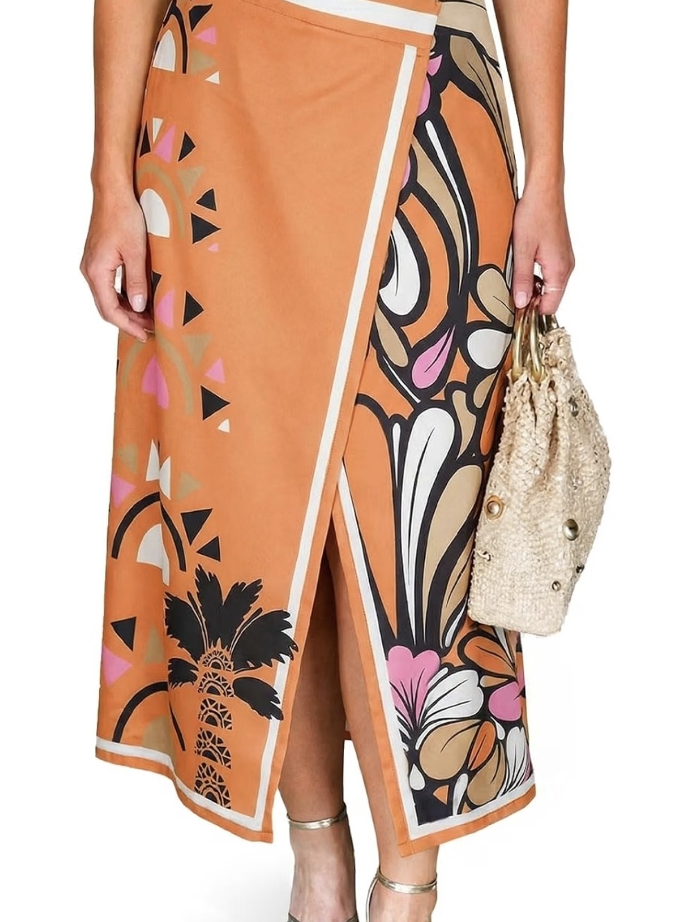 Floral Wrap Maxi Boho Elastic High Waisted Side Zipper Front Split Midi Skirt XL